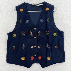 Casey & Max Vest Womens Large Blue Embroidered Floral Button Front Fall Art